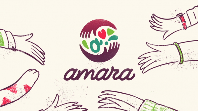 Amara logo and logotype surrounded by illustrated hands reaching into center of image.