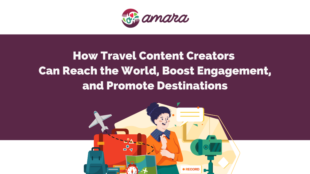 A rectangular image with part of the article title at the center, it reads: How Travel Content Creators Can Reach the World, Boost Engagement, and Promote Destinations. There's also an illustration of a travel content creator on the bottom-center of the image.