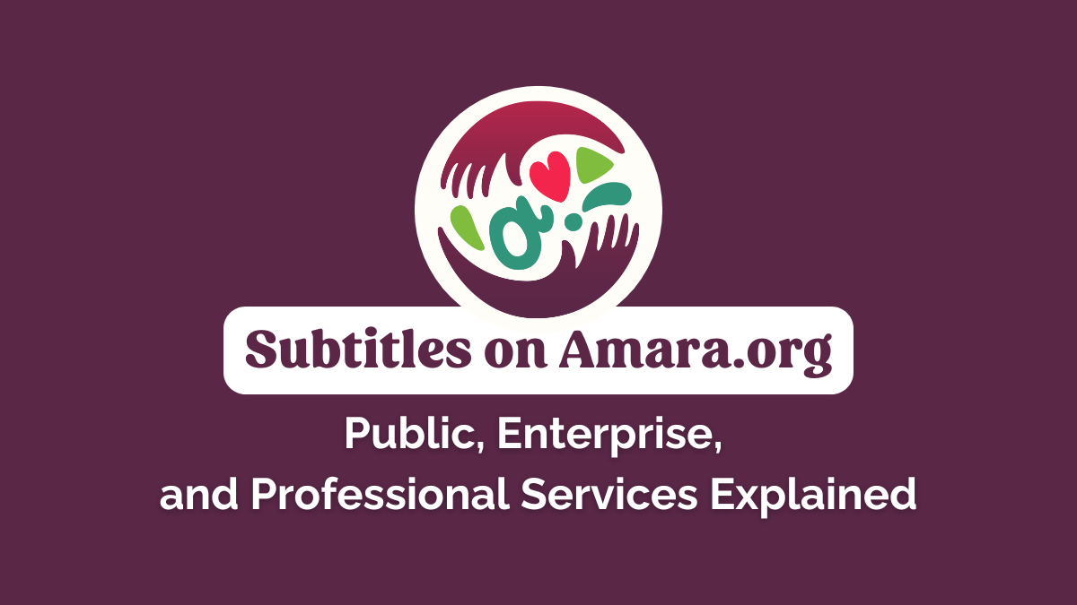 A rectangular image with a "plum" colored background. At the center we have the Amara logo. Below it we have the title of the article, it reads: Subtitles on Amara.org: Public, Enterprise, and Professional Services Explained