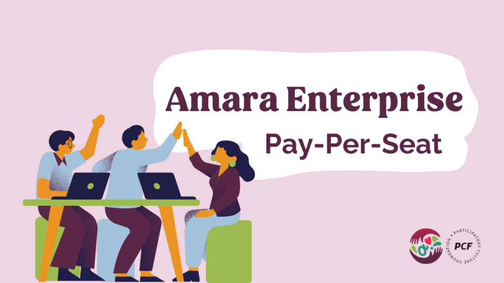 An illustration depicting three people sitting at a table with their computers and giving each other high-fives. Text across that reads Amara Enterprise Pay Per Seat. Logo of Amara and PCF.